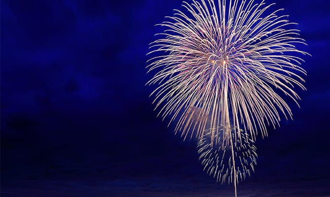 Cleveland Area Night Landscape with Fireworks in the Sky