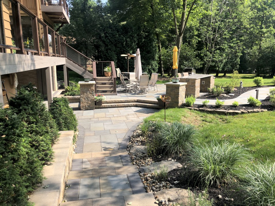 Cleveland Landscaping Company Project Stone Walk with Landscaped Beds & Leading to Patio & Outdoor Bar