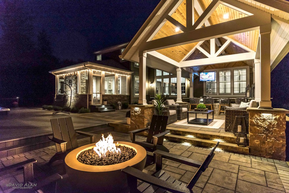 Cleveland Landscaping Company Project Outdoor Living Space with Firepit and Attached Pavilion