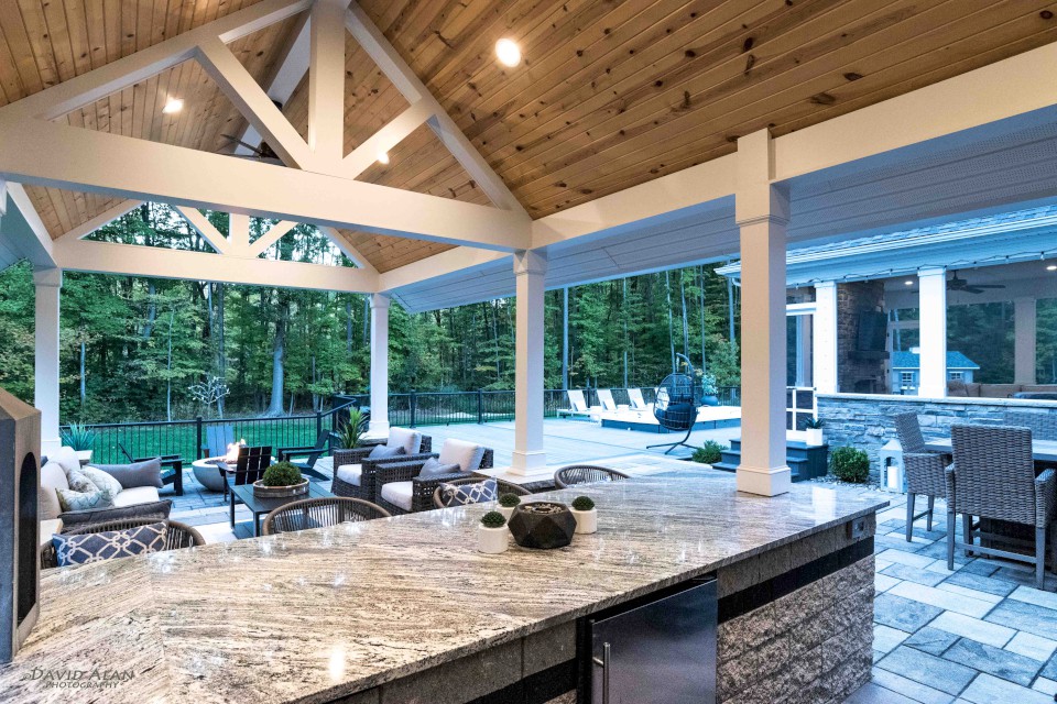 Cleveland Landscaping Company Project Outdoor Kitchen, Living Room in Pavilion with Firepit