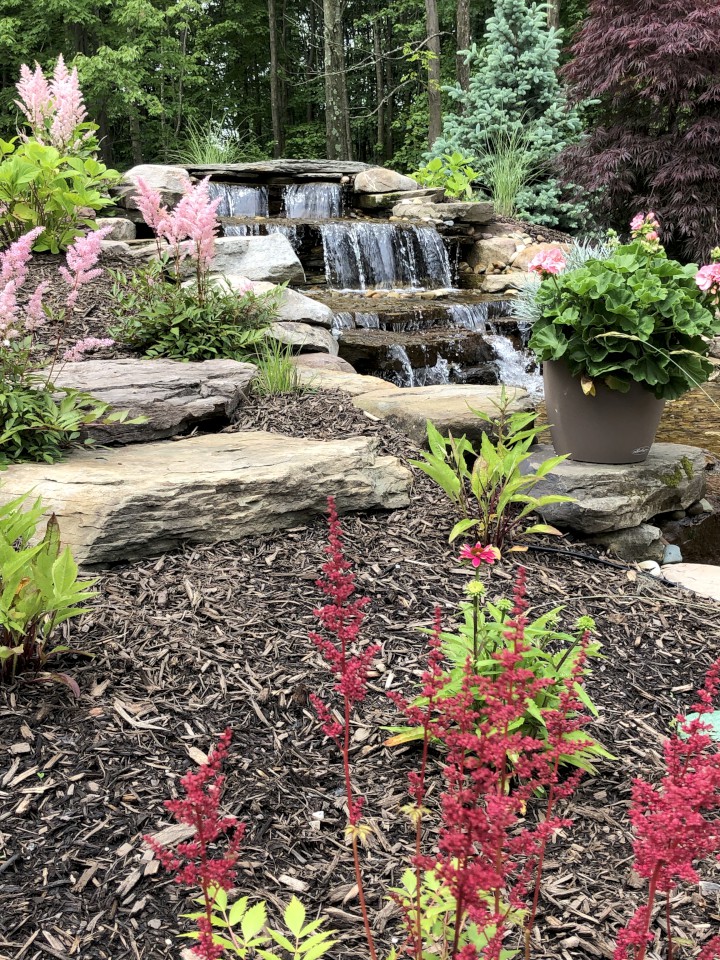 Cleveland Landscaping Company Project Waterfall and Landscape Bed with Natural Outcropping Stone