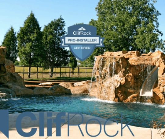 ClifRock Certified Pro-Installer badge shown over a custom pool and waterfall installation, featured in Award-4.webp.