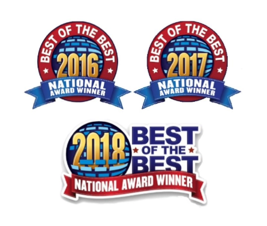 National Best of the Best landscaping awards from 2016, 2017, and 2018, displayed in Award-5.webp.